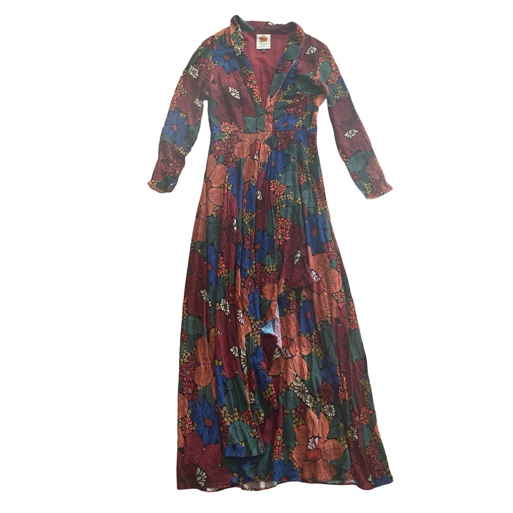 Farm Rio Black Stitched Flowers V-Neck Maxi Dress